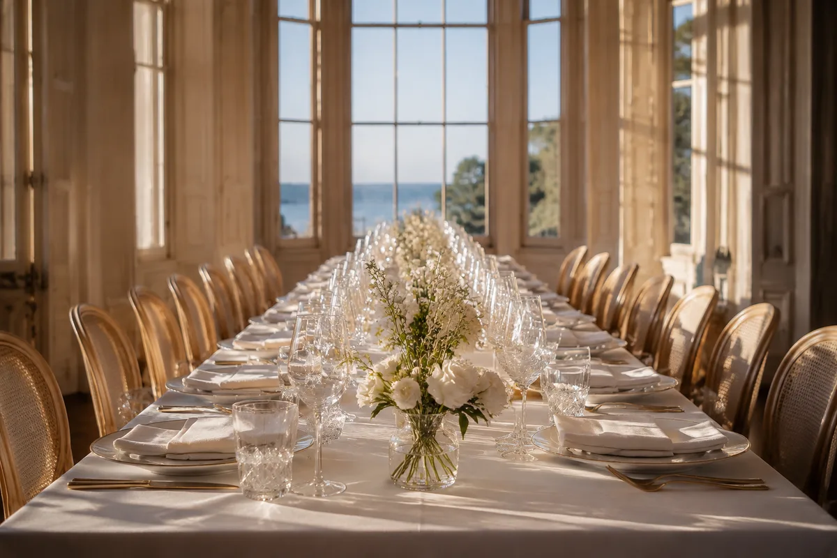 Longues tables de banquet dressées vues de haut