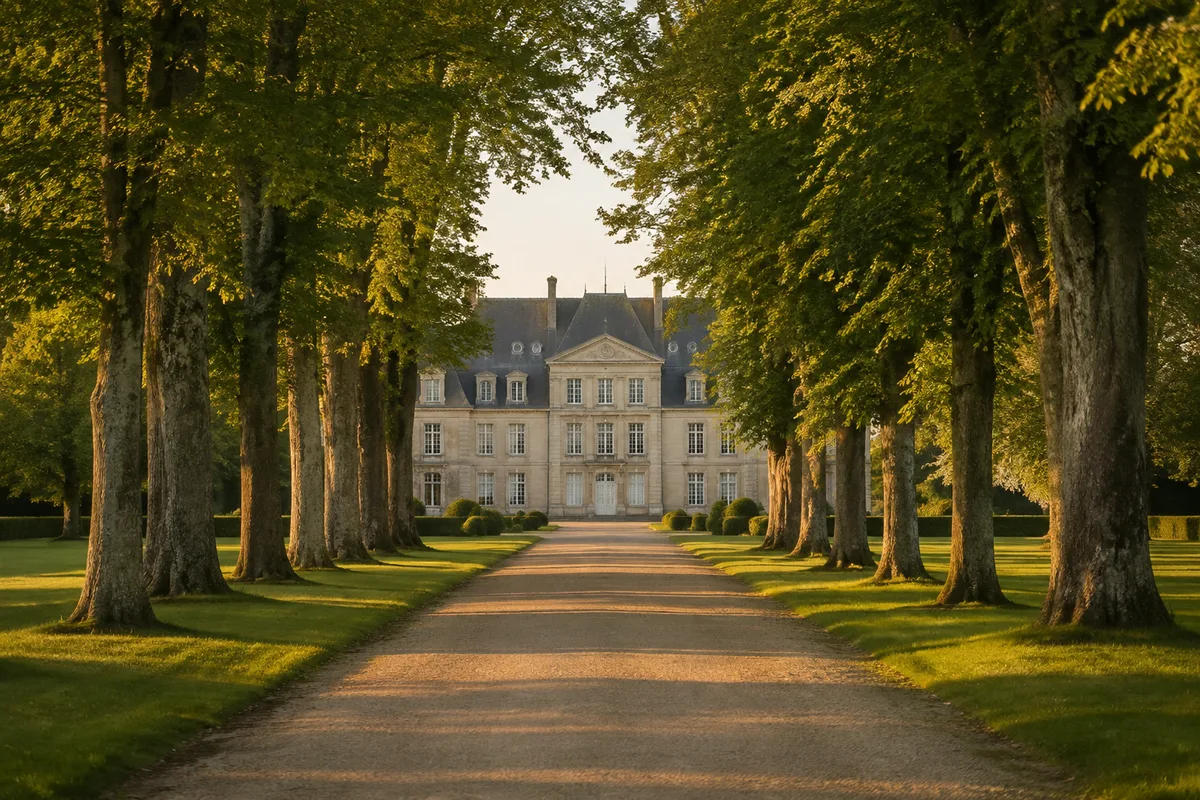 Allée d'un parc menant à la façade d'un château