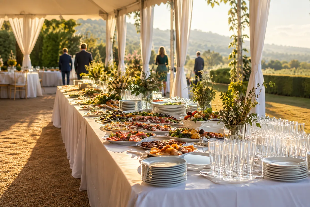 Buffet de traiteur dressé en extérieur sous une tente, en lumière de jour