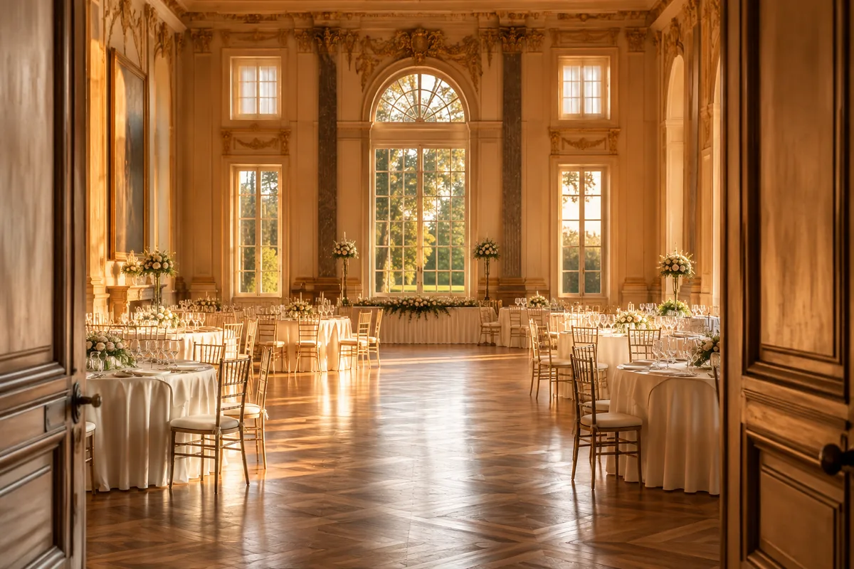 Salle de réception de château dressée pour un mariage, vide, en lumière de jour