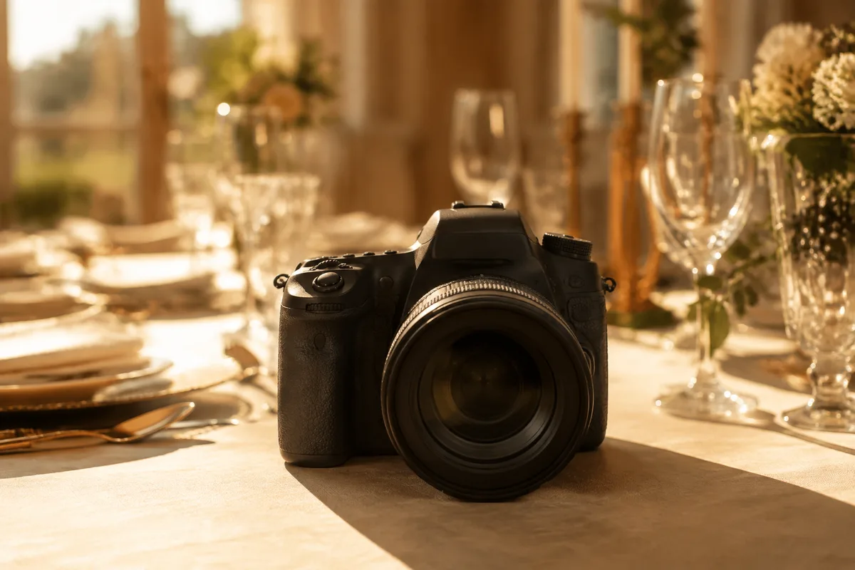 Appareil photo posé sur une table de réception dressée