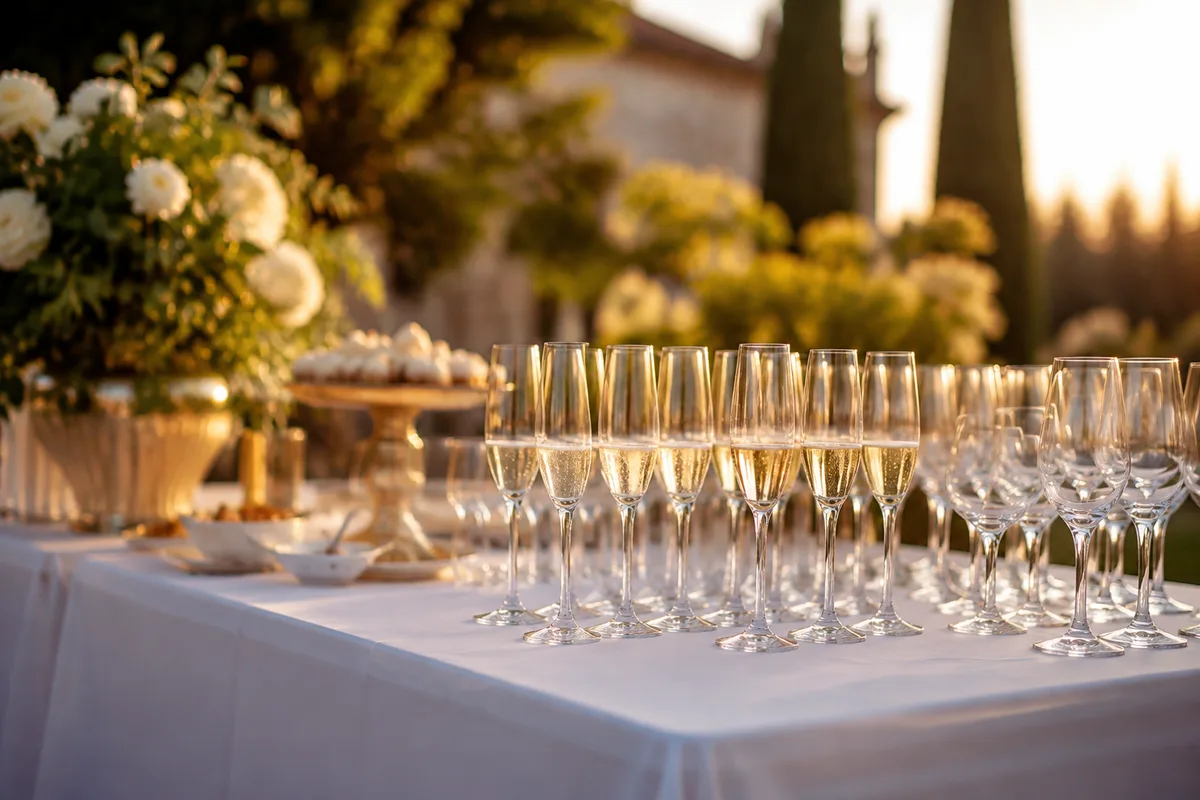 Buffet de vin d'honneur dressé en extérieur, flûtes alignées