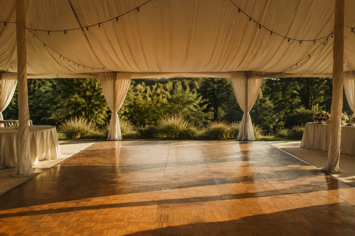 Parquet de danse vide sous une tente, en fin d'après-midi