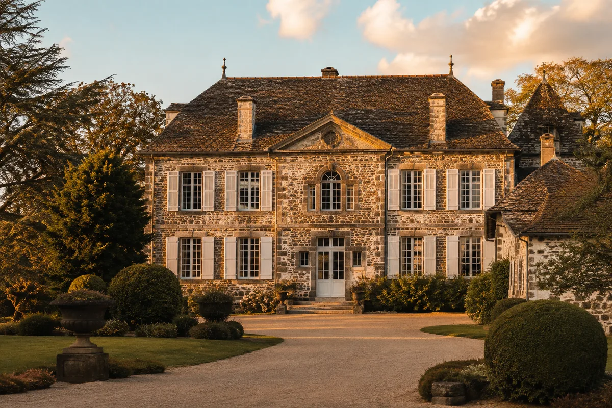 Façade d'un domaine en pierre et son parc, en lumière de jour
