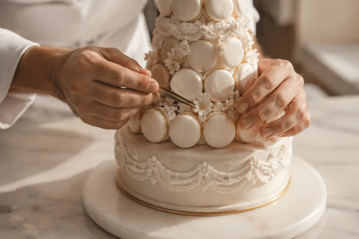 Mains de pâtissier au travail sur une pièce montée