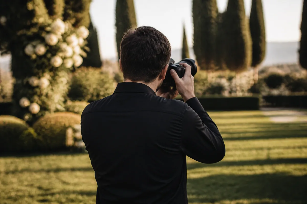 Photographe de dos en train de cadrer dans un parc