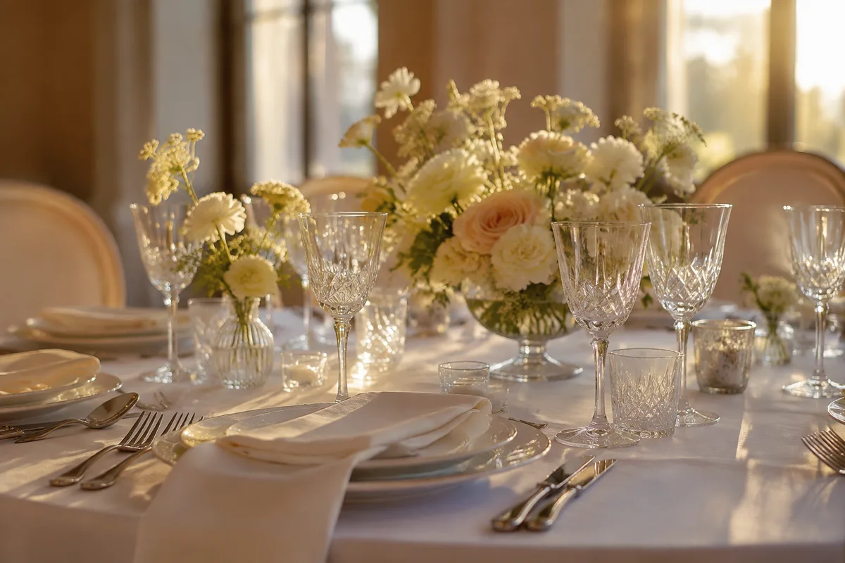Table de mariage dressée, verres et couverts sur nappe blanche